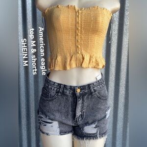 SHEIN Dark Gray/black Distressed Jean Shorts & American eagle strapless top